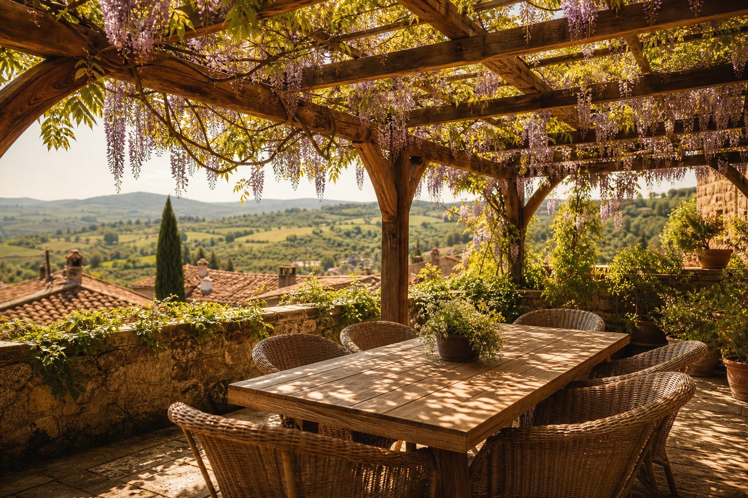 Pergola in legno con luce dorata filtrata dal glicine su una terrazza in Maremma